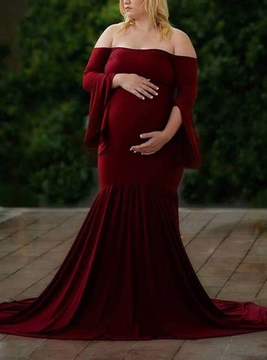 Bell Sleeve Wide Mermaid Tail Maternity Dress Wine Red