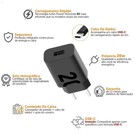 Carregador Motorola 20w Turbo Power Com Cabo Tipo C Original Em Promoção Na Americanas