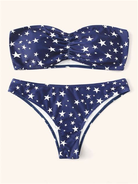 Navy Blue Star Print Swimsuit Bandeau Top With Low Rise Bikini Bottom