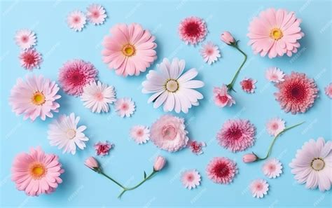 Premium Photo | Pink flowers on a blue background