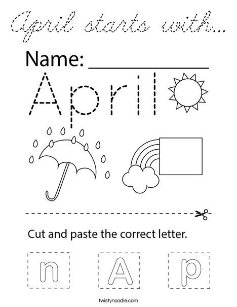 April starts with Coloring Page - Cursive - Twisty Noodle