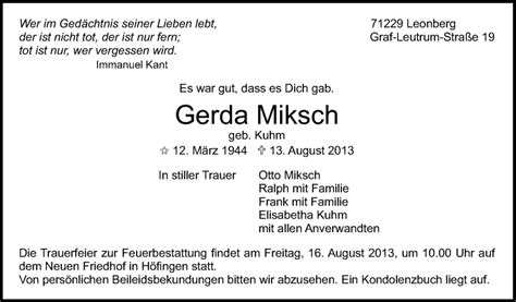 Traueranzeigen Von Gerda Miksch Stuttgart Gedenkt De