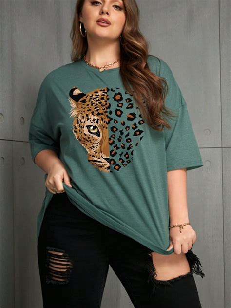 Talla Grande Camiseta De Hombros Ca Dos Con Estampado De Leopardo