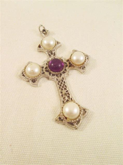 Sarah Coventry Cross Pendant Faux Pearl Purple By VintageBADTIQUE