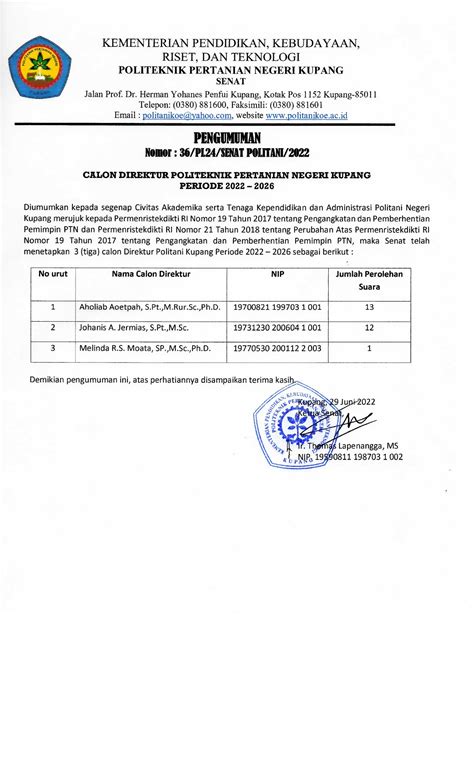 Calon Direktur Politeknik Pertanian Negeri Kupang Periode 2022 2026