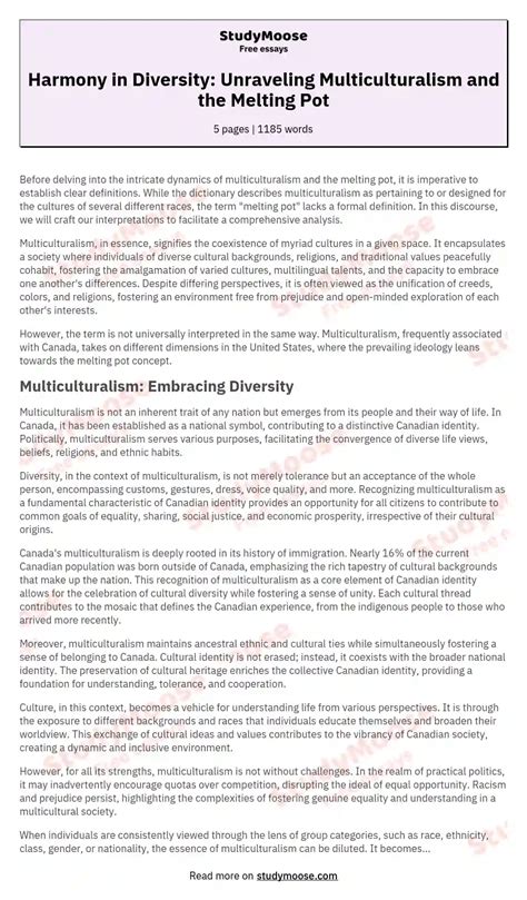 Harmony in Diversity: Unraveling Multiculturalism and the Melting Pot Free Essay Example