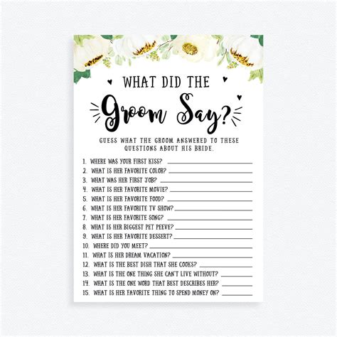 What Did The Groom Say Bridal Shower Game Floral Bridal Shower Game