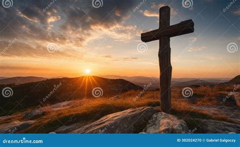 Holy Christian Religious Cross at Sunrise on Top of Hill Stock ...