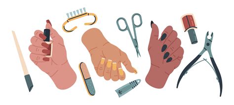 Female manicured doodle hands. Hand drawn hands with long nails, manicure nail service tools ...