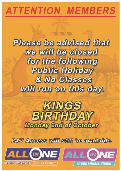 Kings Birthday Public Holiday Allinonefitnesscentre