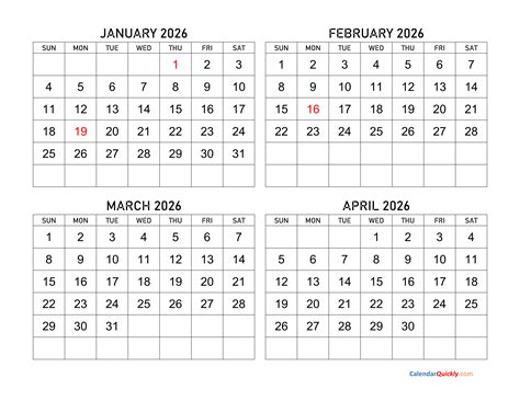 January to April 2026 Calendar | Calendar Quickly