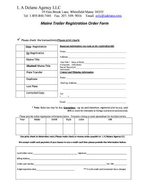 Fillable Online L A Delano Agency LLC Maine Trailer Registration Order