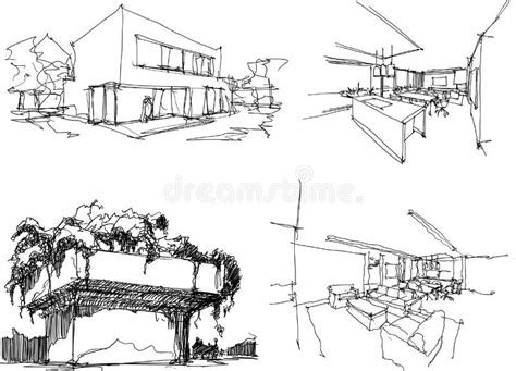 Four Architectural Sketches of Modern Architecture and Interiors Stock ...