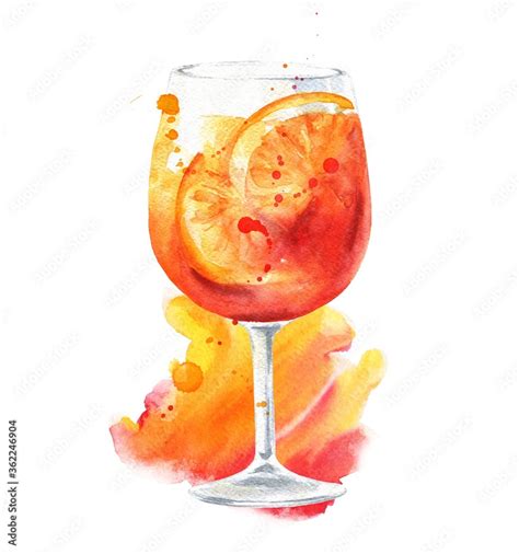 Spritz With Orange Cocktail With Watercolor Splashes On White