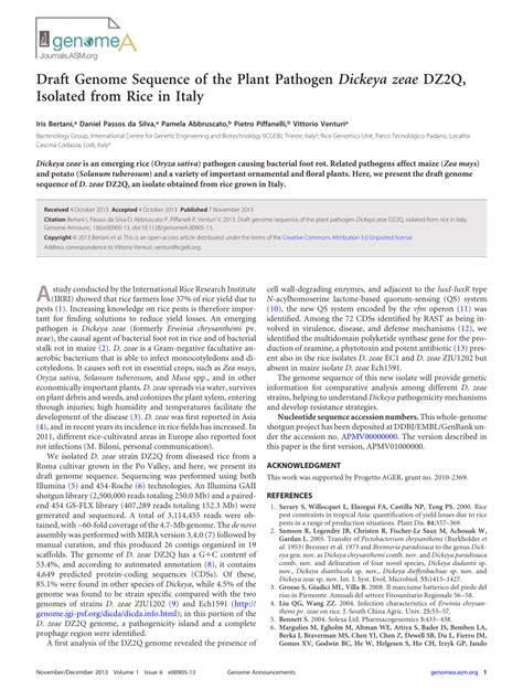 Pdf Draft Genome Sequence Of The Plant Pathogen Dickeya Zeae Dz2q Isolated From Rice In Italy