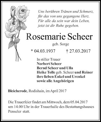 Traueranzeigen Von Rosemarie Scheer Trauer In Thueringen De