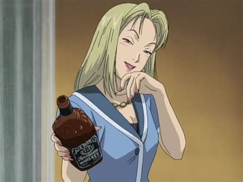 A Woman With Blonde Hair Holding A Brown Bottle