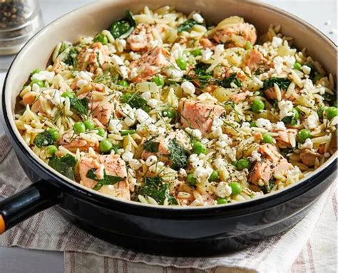 Orzo Skillet With Salmon Peas Dill And Feta Ellie Krieger