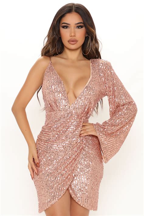 Catching Up Sequin Mini Dress Rose Gold Fashion Nova