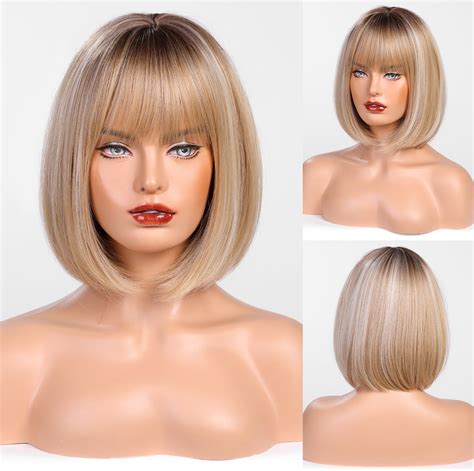 Fenspeed 12inch Short Brown Wig For Women Brown Wig With Bangs Short Straight Bob