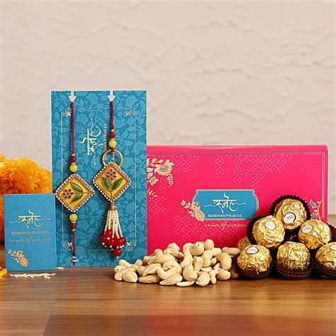 Rajasthani Lumba Rakhi Set And Cashew With Ferrero Rocher Usa Gift