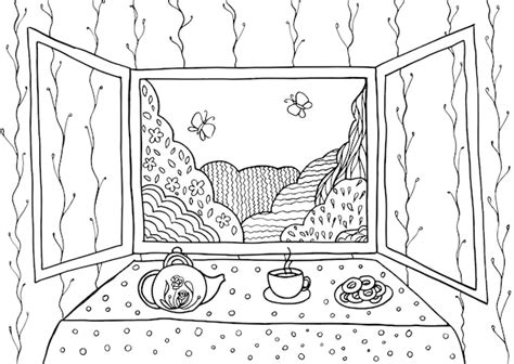 Doodle Paisaje En Ventana P Gina Para Colorear Para Adultos Fant Stica