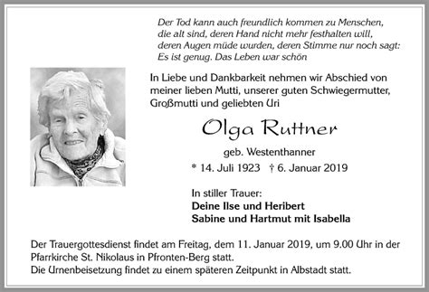 Traueranzeigen von Olga Ruttner Allgäuer Zeitung