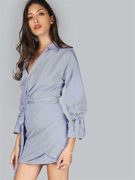 Striped Collared Wrap Dress Blue Multi Shein Sheinside