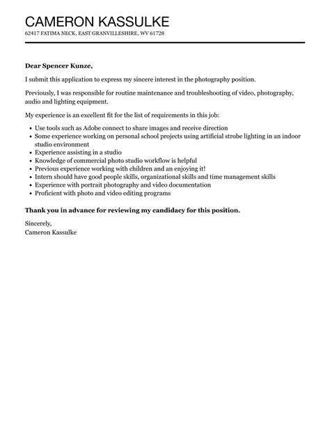 Photography Cover Letter Velvet Jobs