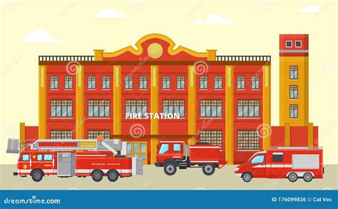 Fire Station Building And Fire Trucks Vector Illustration Various Red