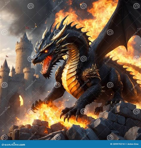 Black Dragon Roaring And Spreading Wings In Fire Stock Illustration