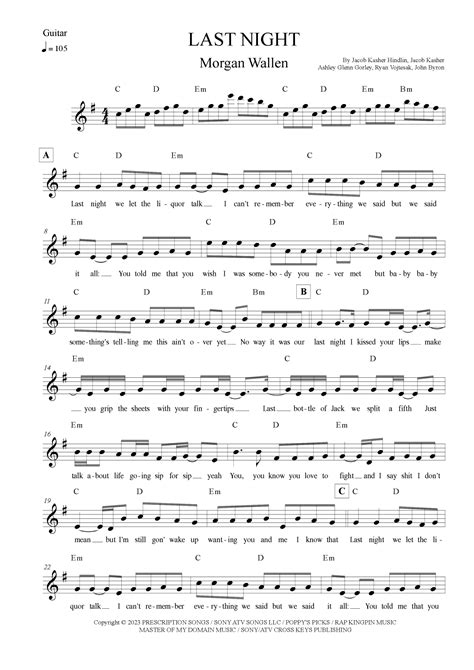 Last Night Arr Leo Silva By Morgan Wallen Sheet Music For Guitar