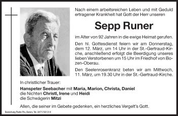 Traueranzeigen Von Sepp Runer Trauer Bz