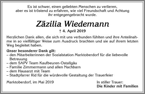 Traueranzeigen Von Z Zilia Wiedemann Allg Uer Zeitung