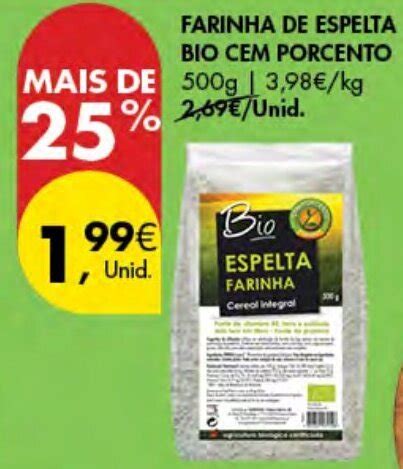 Promoção Farinha de Espelta Bio Cem Porcento 500g em Pingo Doce