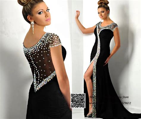 2015 Rhinestones Cap Sleeve Long Black Evening Dress Mermaid Prom Gown