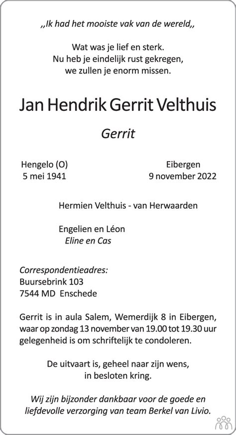 Gerrit Jan Hendrik Gerrit Velthuis Overlijdensbericht En