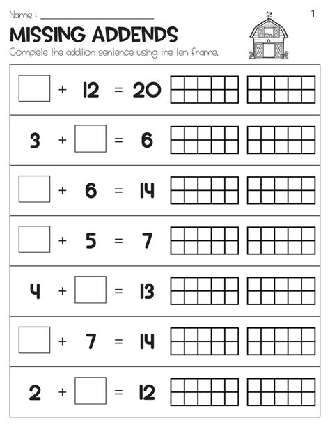 Missing Addends To 20 With Ten Frame Worksheets Farm Theme Missing