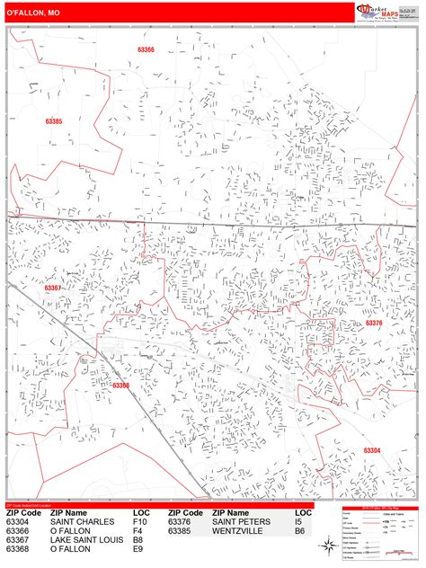 Ofallon Missouri Zip Code Wall Map Red Line Style By Marketmaps