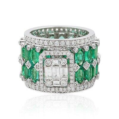 Natural Zambian Emerald Si H Diamond Cuff Ring K White Solid Gold