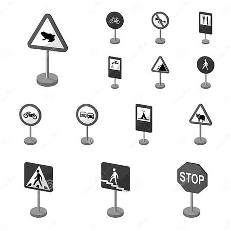 Different Types Of Road Signs Monochrome Icons In Set Collection For