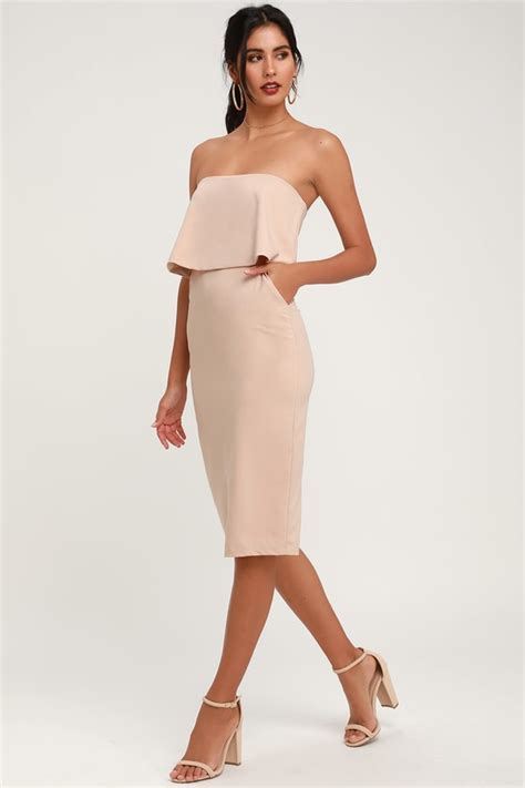 Cute Beige Dress Beige Strapless Dress Beige Midi Dress Lulus