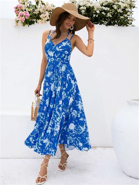 SHEIN VCAY Robe à fines brides à imprimé floral dos nu à nœud Mode en