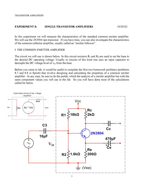 Single Stage Amplifier Experiment 8 Single Transistor Amplifiers 1029 In This Experiment We