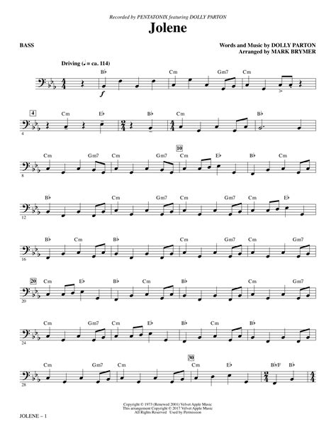 Jolene Feat Dolly Parton Arr Mark Brymer Bass Sheet Music