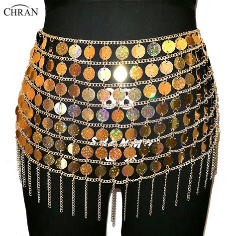 Chran Laser Gold Sequin Bead Belly Waist Chain Sexy Mini Skirt Women