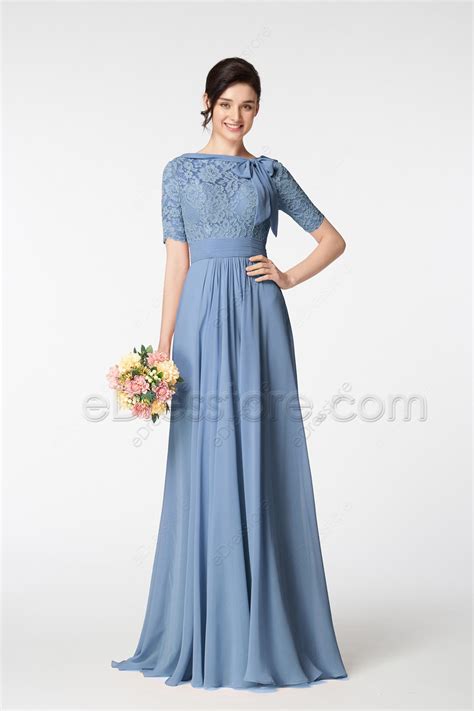 Modest Periwinkle Bridesmaid Dress Elbow Sleeves With Lace Top And Bow