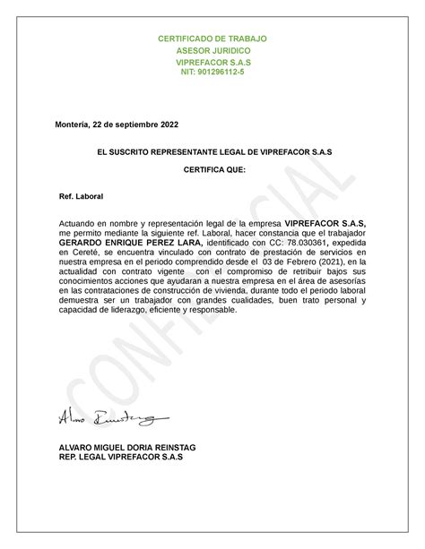 Ref Laboral Viprefacor S Certificado De Trabajo Asesor Juridico