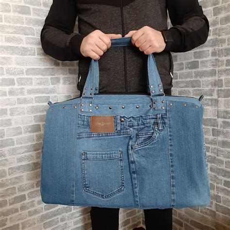 Extra Large Travel Denim Bag Overnight Patchwork Tote Etsy Denim Bag Bags Unisex Bag