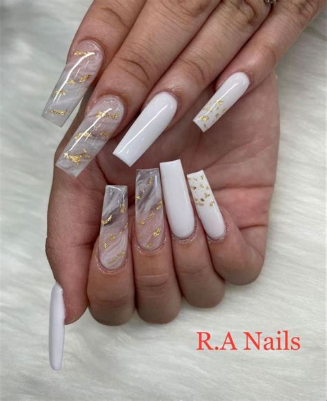 White Marble Nails With Gold Flakes Marble Nails Gold Nails Marble